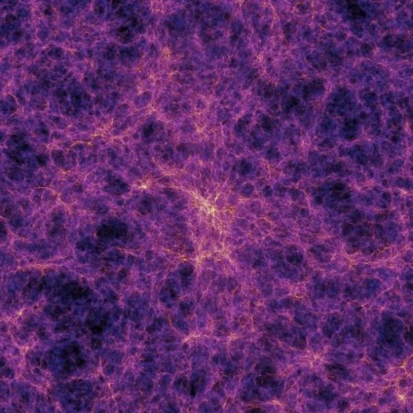 Computer simulation of the universe's "cosmic web," in which galaxies congregate in dense filaments surrounding sparse voids. (Credit: ESA/Volker Springel, Max Planck Institute for Astrophysics, et al.)