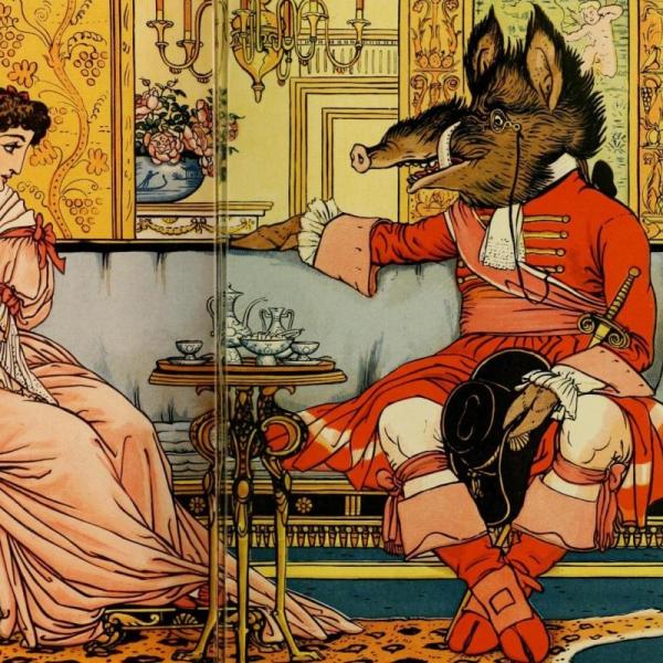 A colorful drawing of the Beauty and the Beast characters from a book of Fairy Tales