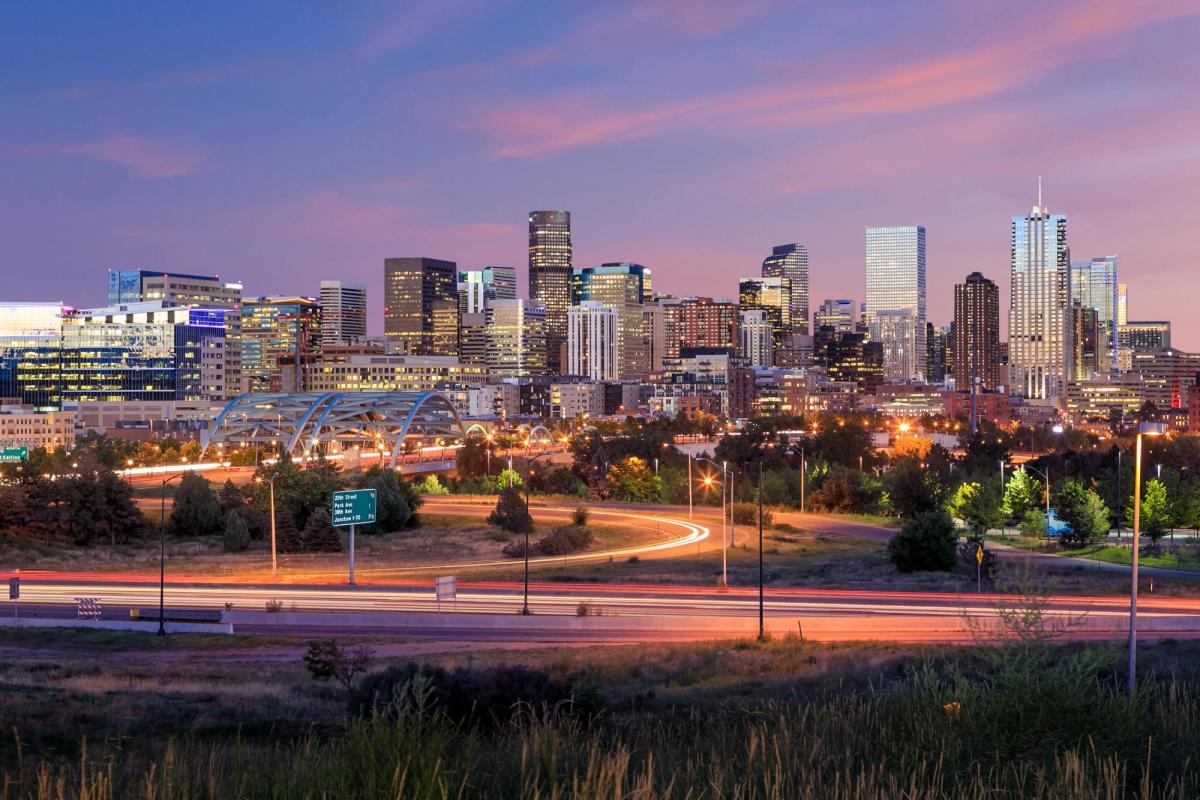 City view of Denver skyline at night.