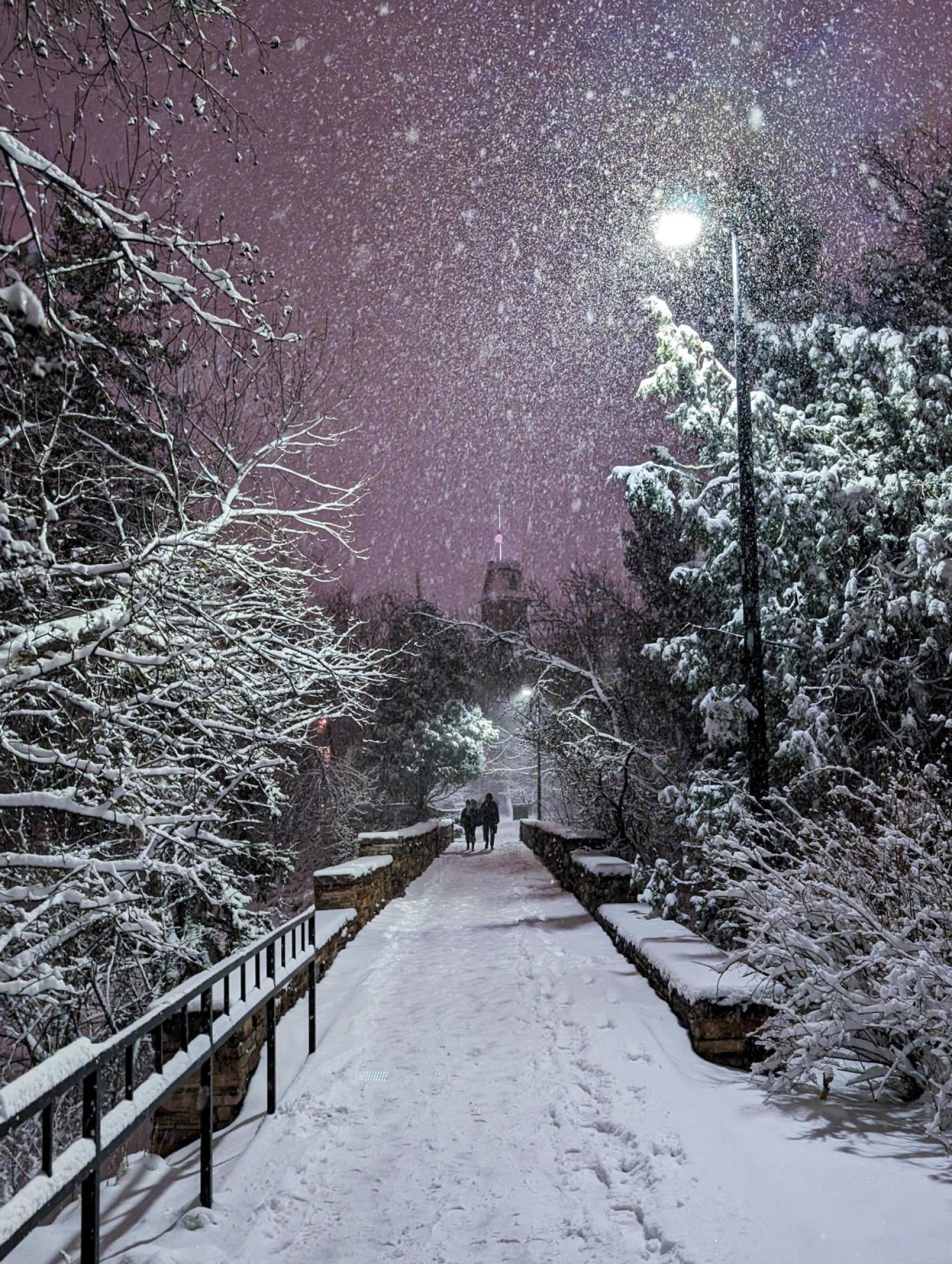 Evening snow over Varsity Bridge creates a seasonal scene on Friday Dec. 8, 2023. (Photo by Glenn J. Asakawa/University of Colorado)