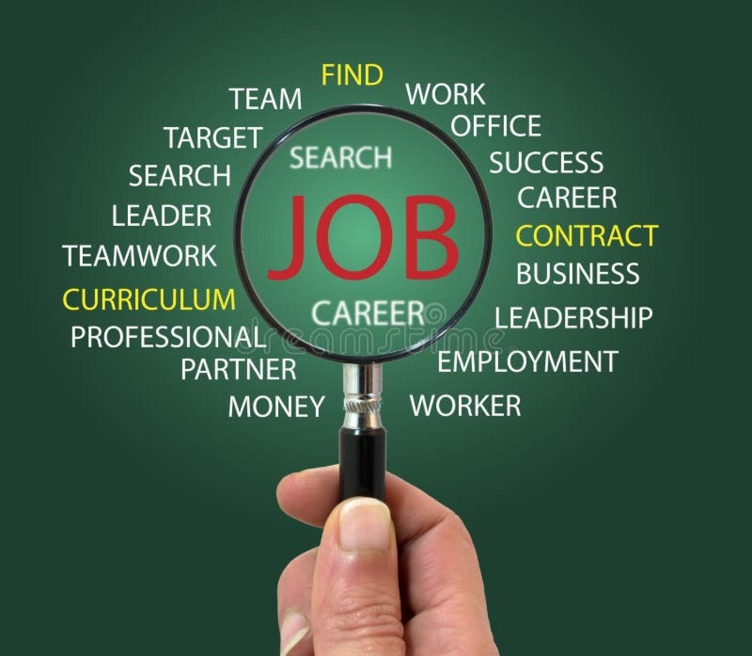 A dark green background with magnifying glass held in right hand focused in on various words related to a job search.