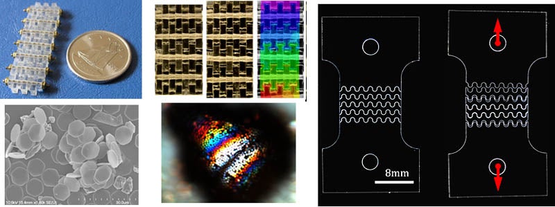 A set of 5 images. The first shows a row of clear glass a little bit longer than a nickel. The second shows three rectangular patterns, the first two are black and gold, and the last has a rainbow filter over it. The second image shows a scale like texture with a pile of round gray shapes. The fourth image is black with bright colors in the center. The last image is a diagram of showing the strength of a material. 