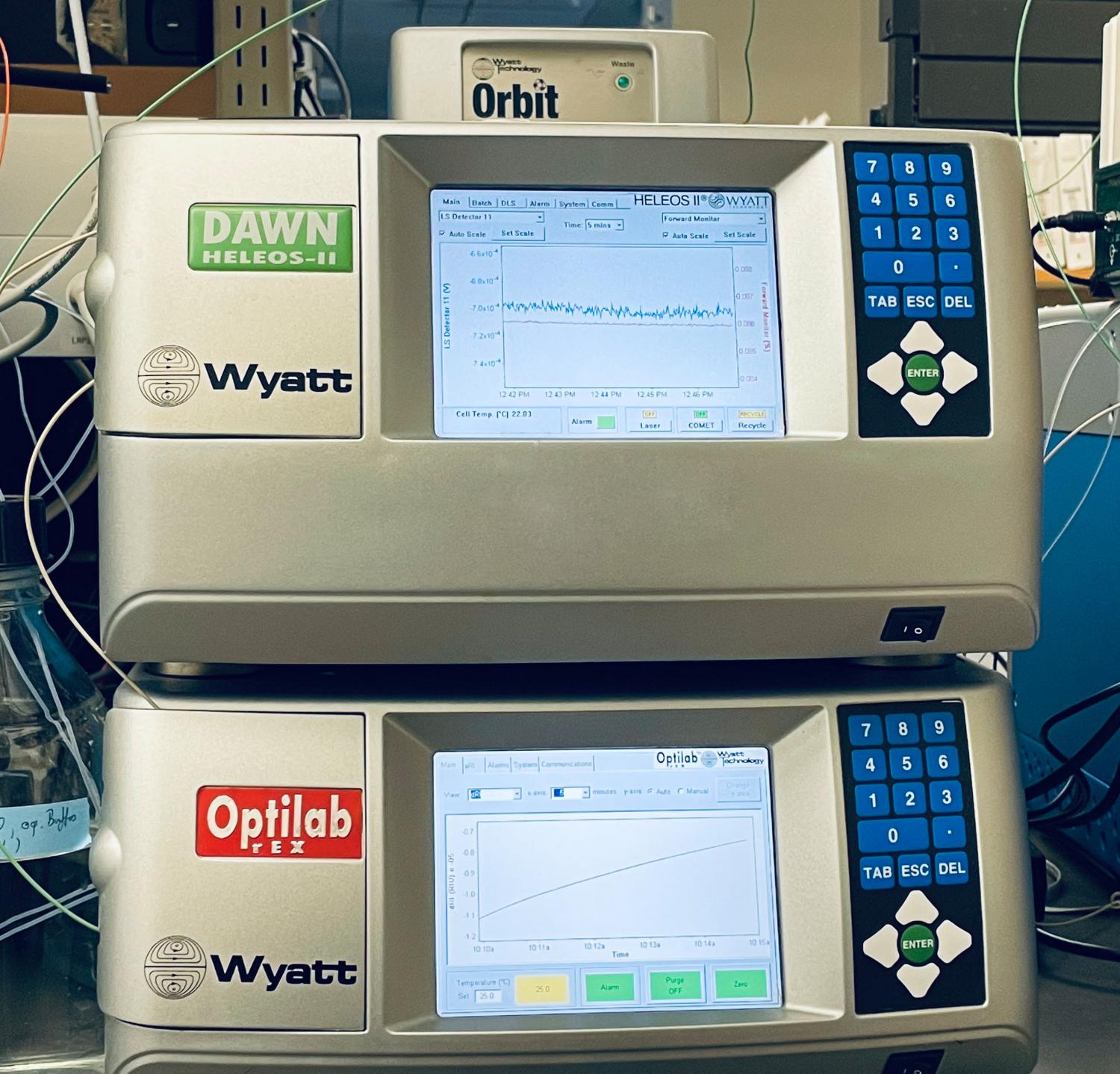 Wyatte Dawn Heleos II 18-angle static light scattering detector and a Wyatt Optilab rEX differential refractive index detector