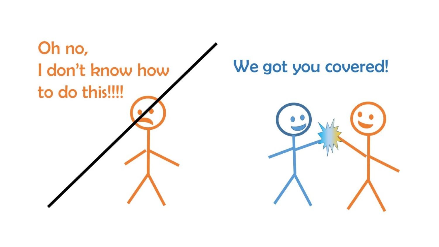 The cartoon shows a crossed-out worried person saying, "I don't know how to do this" next to two happy persons giving each other a high five with the caption "We have you covered".