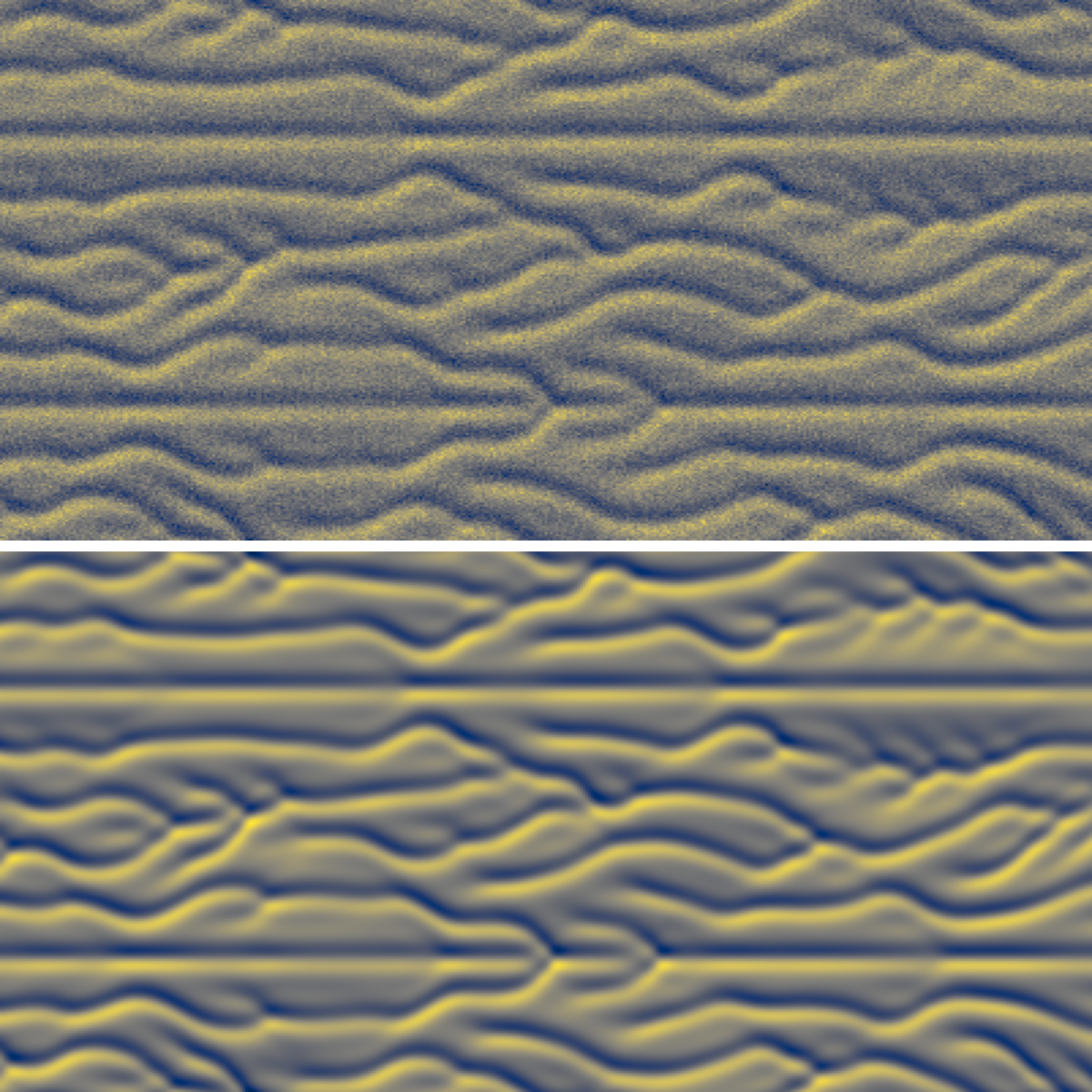 Space-time plots of the Kuramoto-Sivashinsky equation: noisy data on top and the solution of the learned equation below