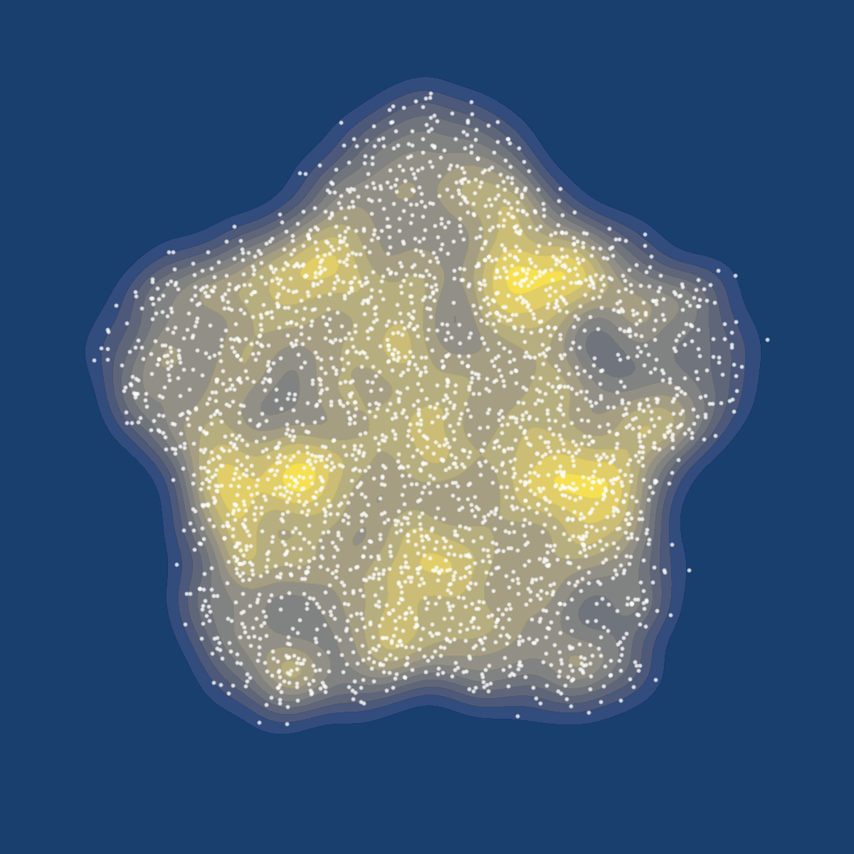 A cloud of interacting particles shown over a smooth density estimate