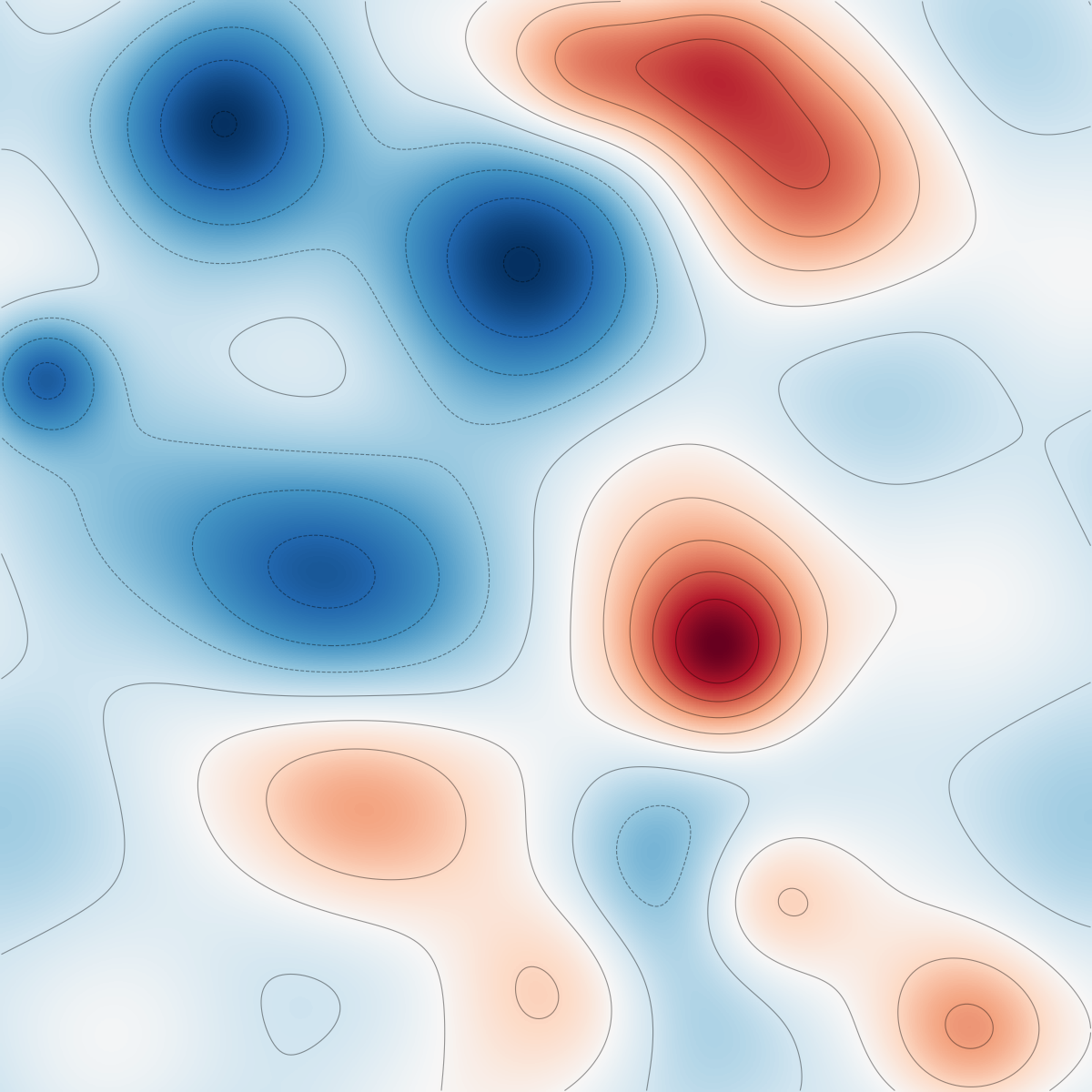 A two-dimensional vorticity field with red and blue vortices and contour lines