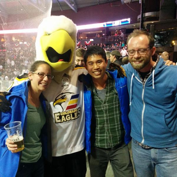 Kristin, Jian, and rotation student Brad at the Eagles game