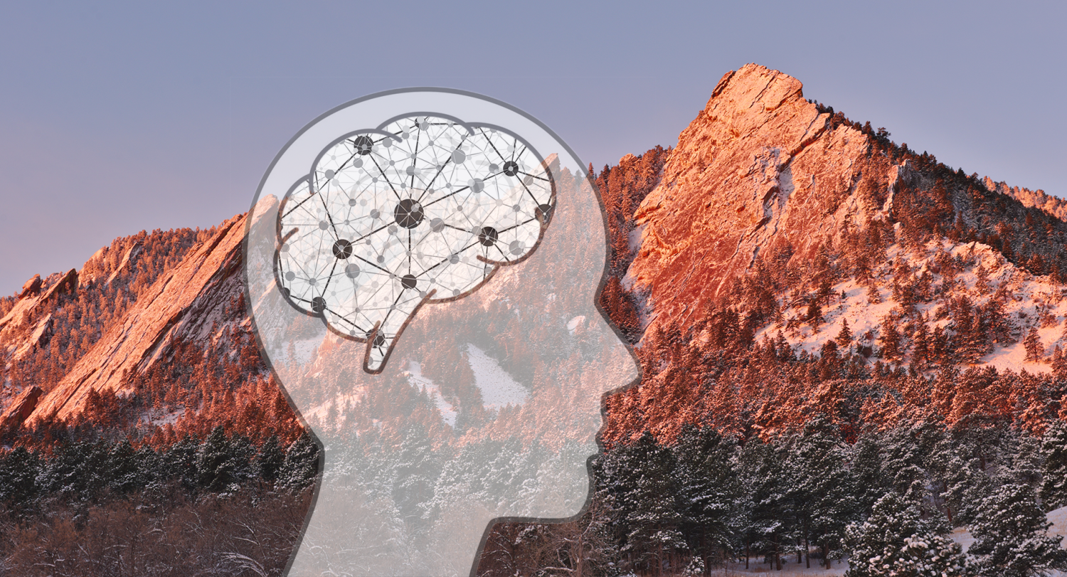 person in front of mountains with neural network inside their brain