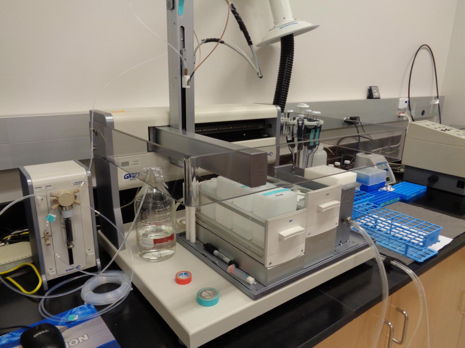 The GX-271 ASPEC (Gilson) instrument is our tool for sample preparation. The analytes of interest can be pre-concentrated on Solid-Phase (SPE) extraction cartridges and eluted with small amounts organic solvents, thus reaching very low levels of detection in water samples. Sample volumes vary from 50 mL to 100 mL for isolation of several organic contaminants. The easy automation of this system improves the reproducibility and reliability of the analysis. http://www.gilson.com/Resources/Application%20Note