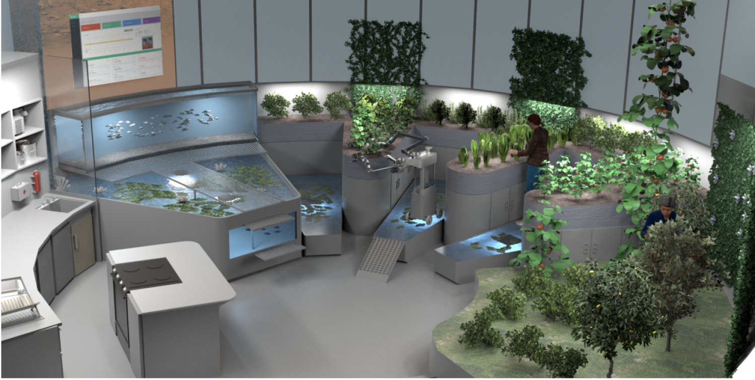 Integrated Multi-Trophic Aquaponics (IMTA) system with the AgQ display above the pond. Remotely Operated Gardening Rover (ROGR) and crew members tend keyhole wicking beds and fruit trees in the Biowick.
