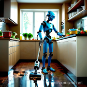 A humanoid cleaning up (its own?) mess while preparing a meal. The humanoid form factor holds tremendous promise for seamless integration into existing value creation processes. Image: author via miramuseai.net