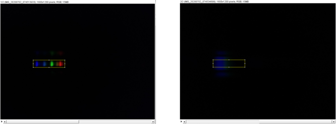 CFL lines and quinine sulfate emission spectrum rotated, with boxes showing the area to be analyzed.