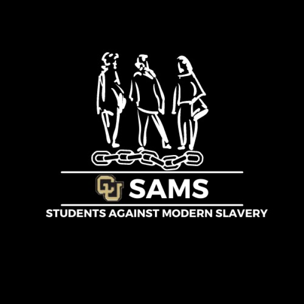 CU Students Against Modern Slavery (CU-SAMS) Logo showing three people in chains
