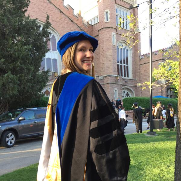Amanda all dressed up for graduation (May, 2017)