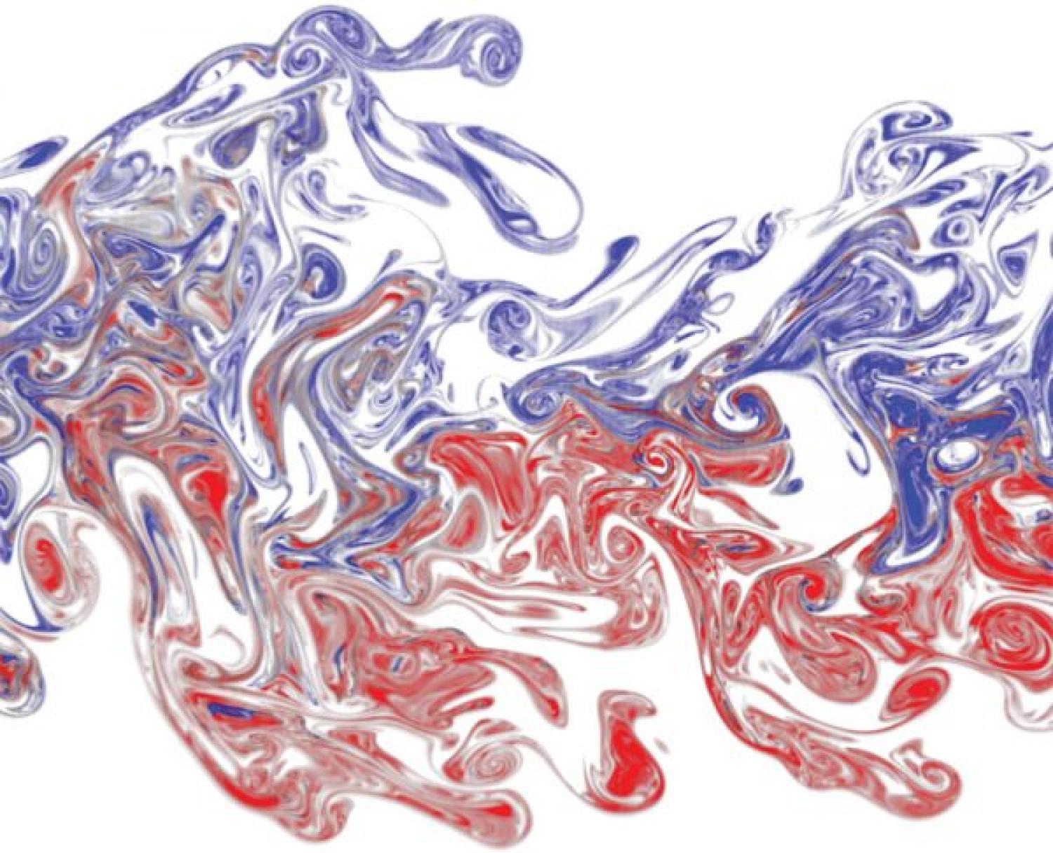 Red and purple fluids mixing creating a fluid design