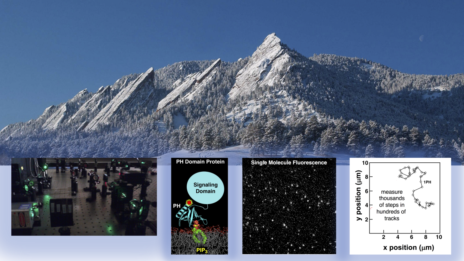 A mountain scene, with images of a single molecule instrument, a protein, a field of single proteins, and a diffusion track