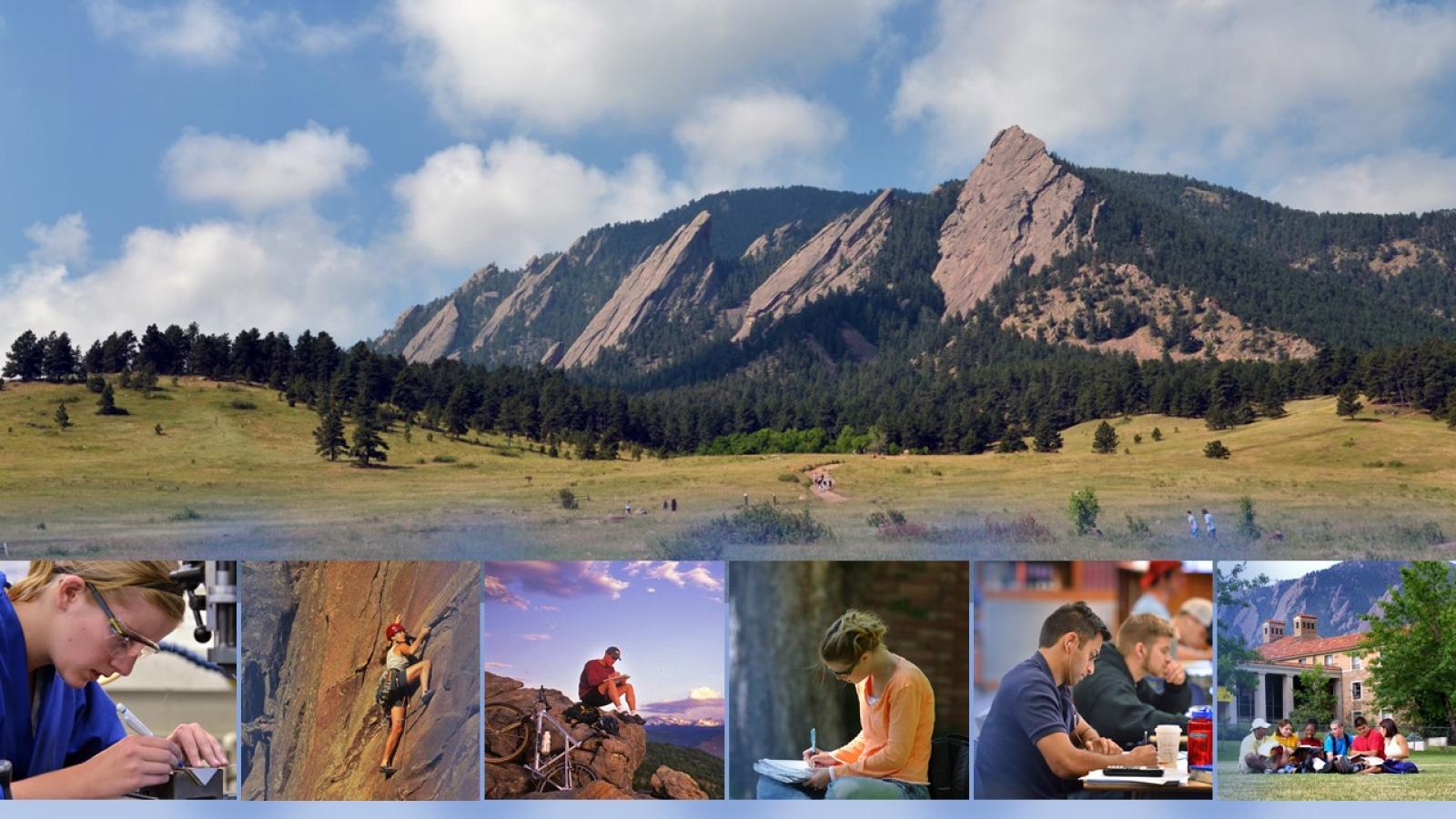 A mountain scene, with images of students working and recreating