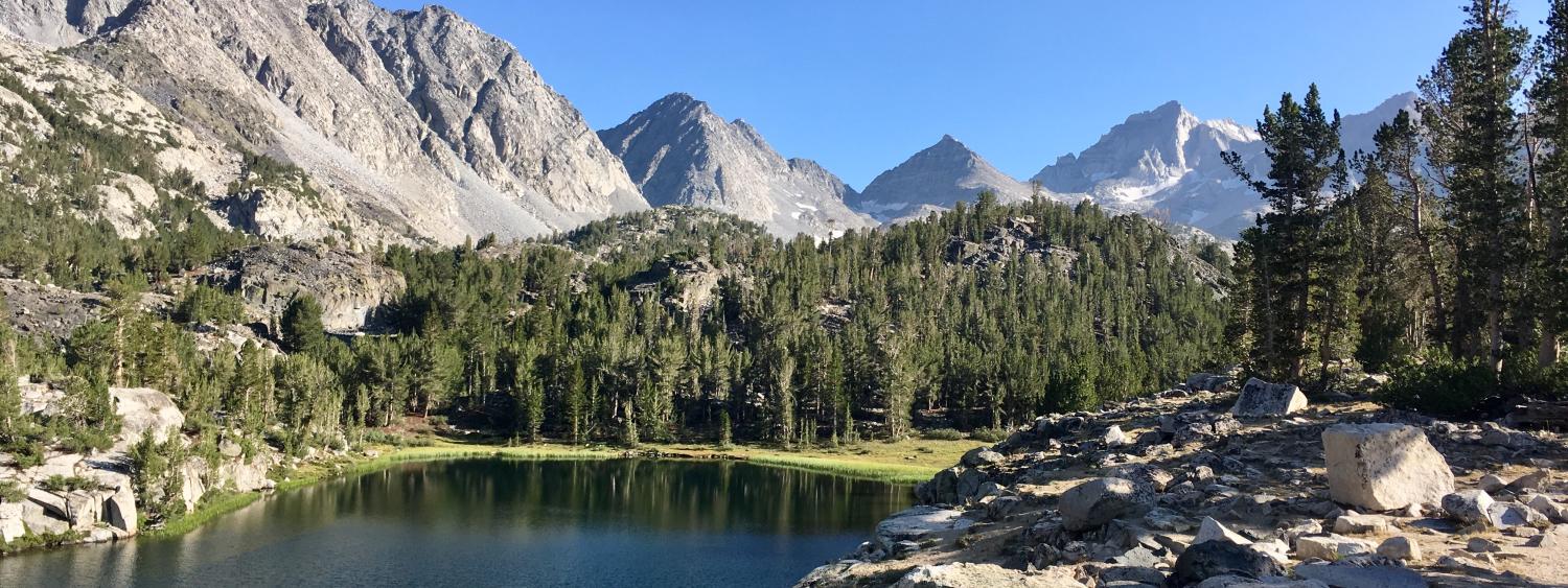 A small lake surrounded by conifer trees with mountains in the background