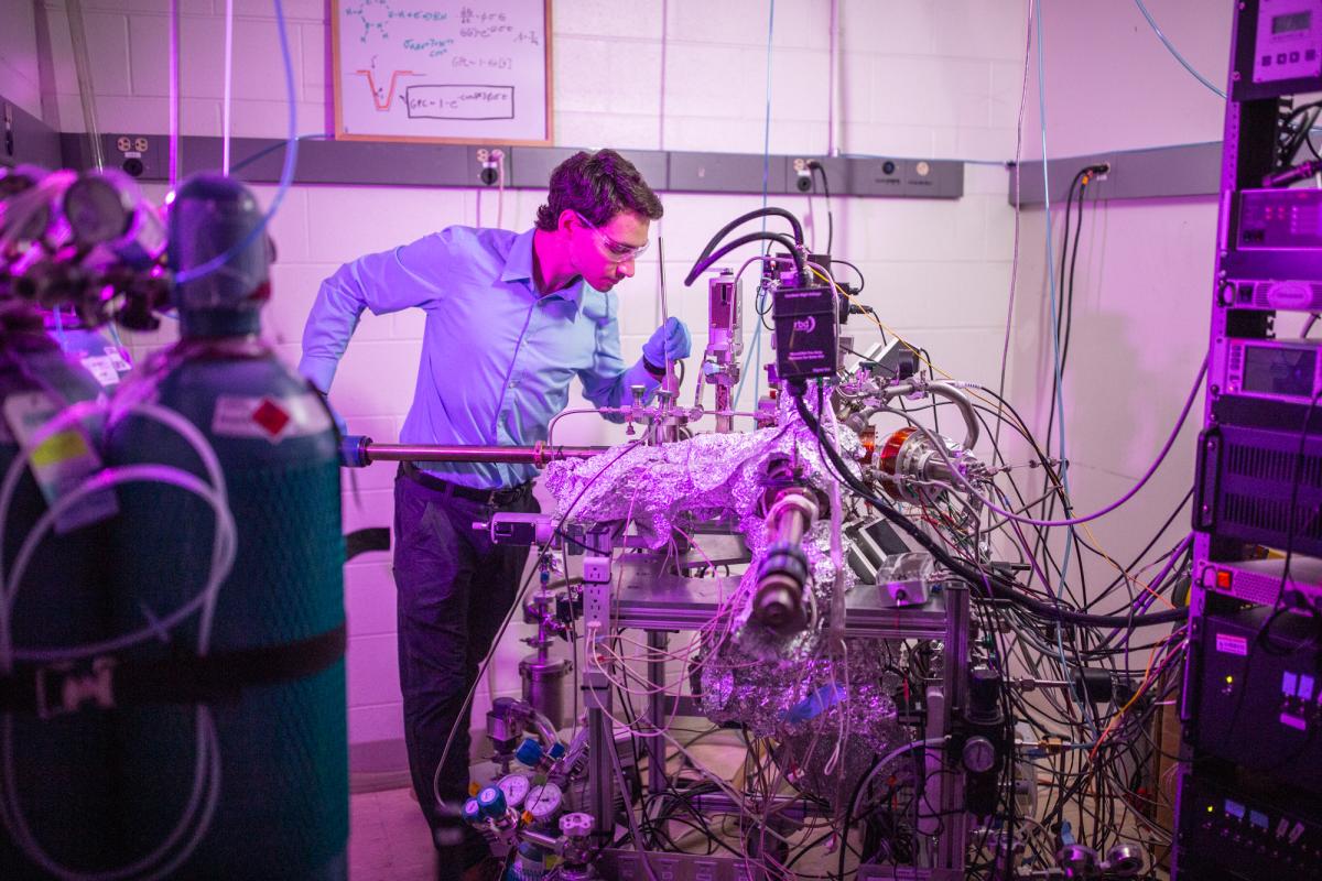 Zachary Sobell at UHV Reactor for EE-ALD; Electron-Enhanced Atomic Layer Deposition, Ultra-High Vacuum, Auger Electron Spectroscopy