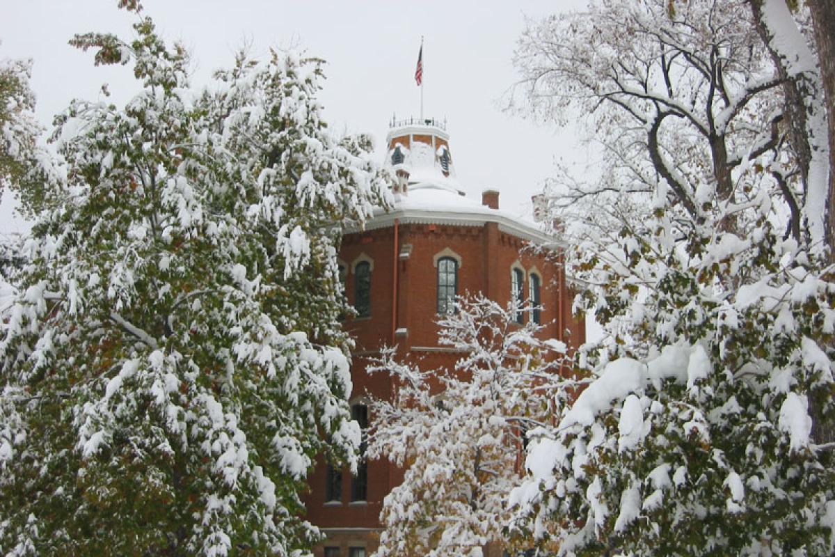 Old Main covered in snow