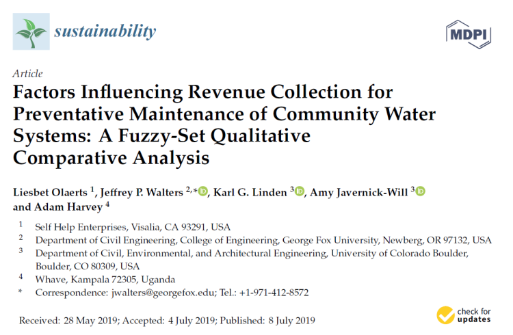 Cover of the journal article in Sustainability titled "Factors Influencing Revenue Collection for Preventative Maintenance of Community Water Systems"