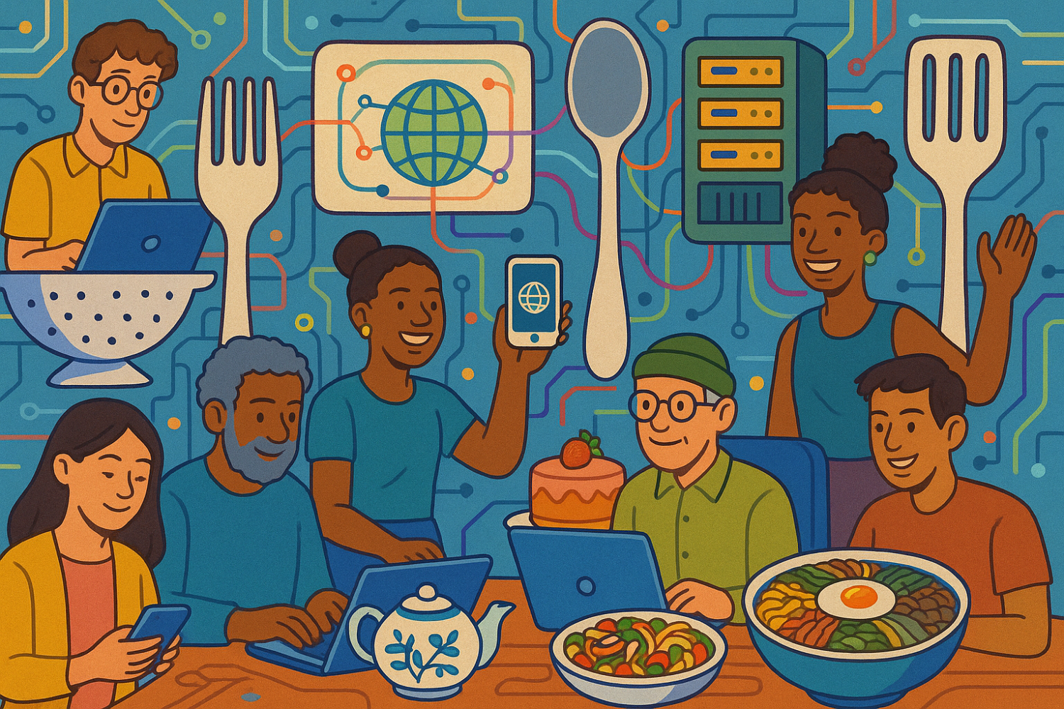AI generated image of networked people cooking and eating