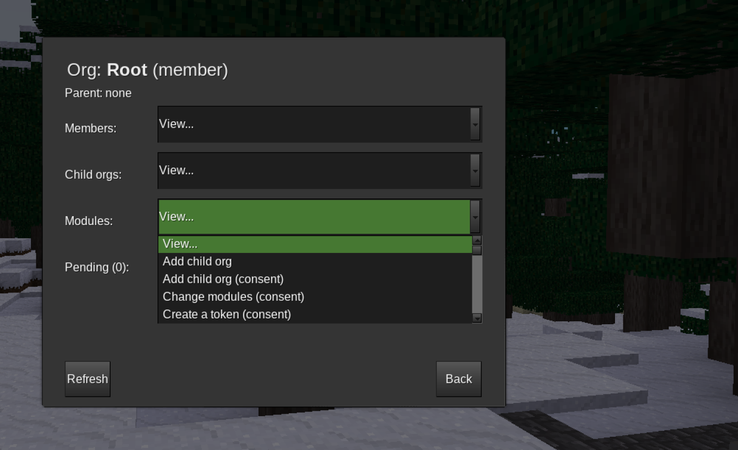 Screenshot of dashboard for an org in Modpol.