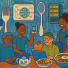 AI generated image of networked people cooking and eating