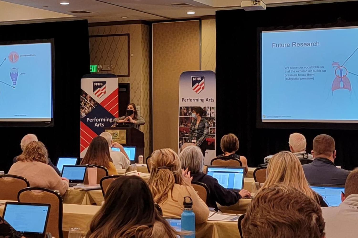 Dr. Hilger presenting with Tehya Stockman at the National Federation of State High School Associations conference on aerosol generation