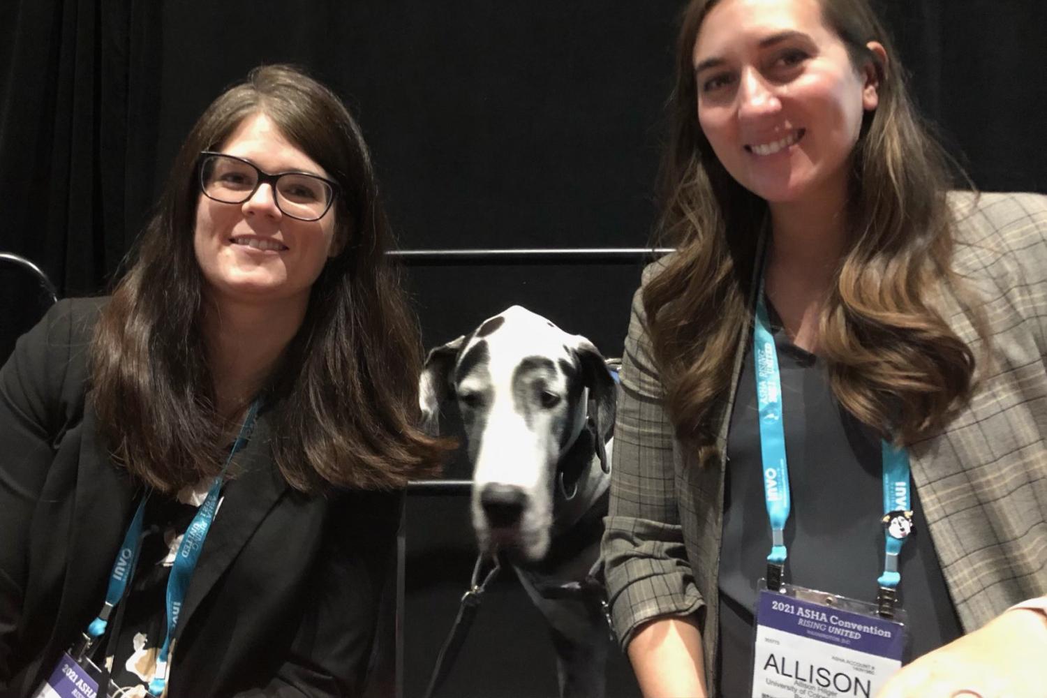 Allison Hilger and Caroline Spencer at ASHA presenting on characteristics of speech in ataxia and implications for speech therapy (November 2021)