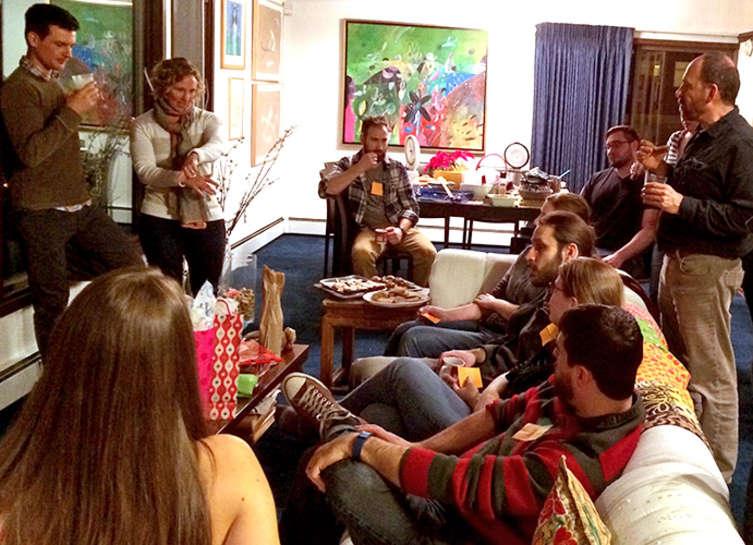 Amy explaining the rules to the white elephant gift exchange.