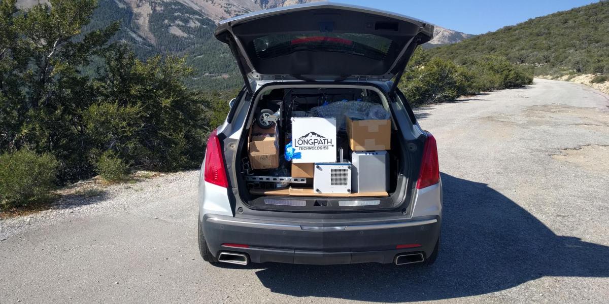 A full car in front of the Rocky Mountains