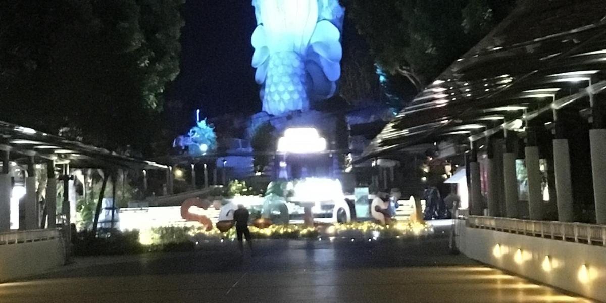 The lion statue at night in Singapore