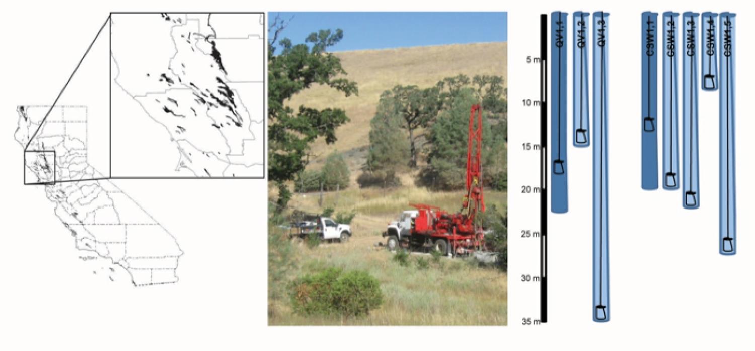 Figure 1. Left: CROMO location in CA, peridotite and serpentinite are colored black. Middle: Drill rig at work drilling the 8-well array in 2011. Right: Schematic of well array at Quarry Valley site. Cores were retrieved from the wells colored dark blue.