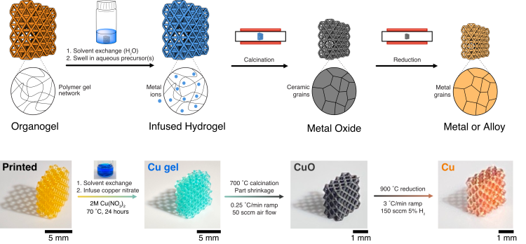 Schematic of hydrogel infusion additive manufacturing (HIAM) process and images of lattices at each stage in the process, starting with a 3D printed polymer and ending with copper metal.