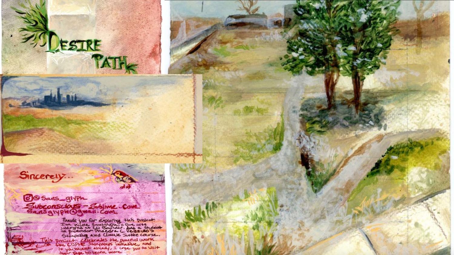 collage of four separate images. Acrylic painted trails people have made off the established sidewalk, to move as they desire, as well as a landscape painting of North Denver.