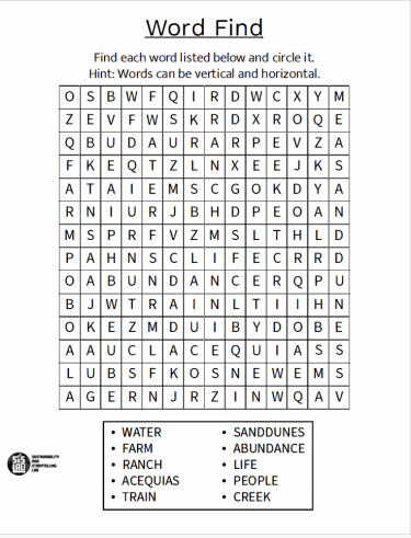 This is a Word Find exercise with terms reflecting the San Luis Valley, such as Sanddunes, Acequias, water, and farm.