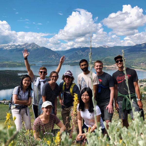 Spencer lab members on a hike near Dillon, Colorado. Left to right: Mingwei, Tim, Sabrina, Claire, Justin, Humza, Yao, Iain, and Jordan.