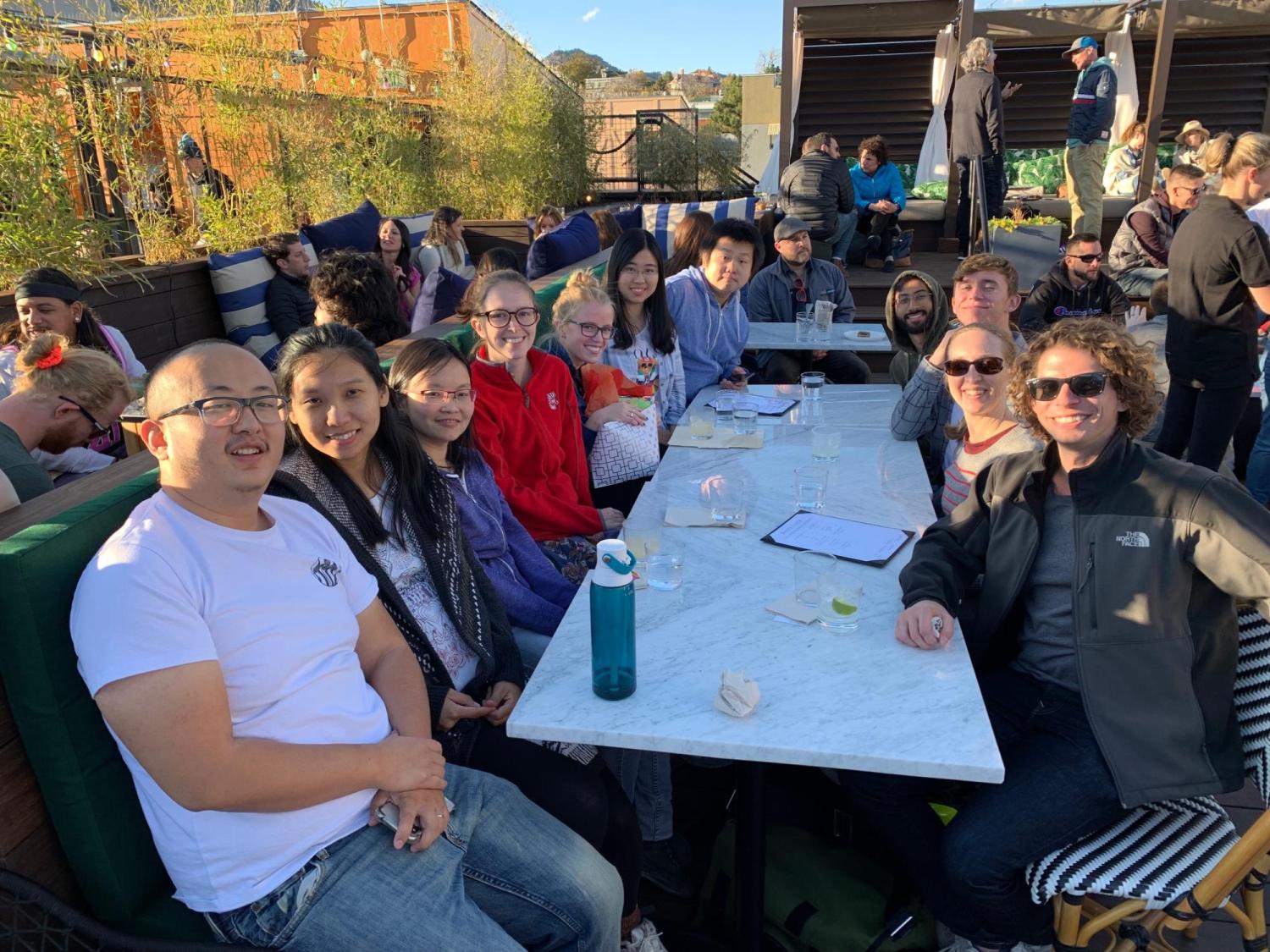 The lab celebrated Chen's upcoming baby on the roof of Rosetta Hall.