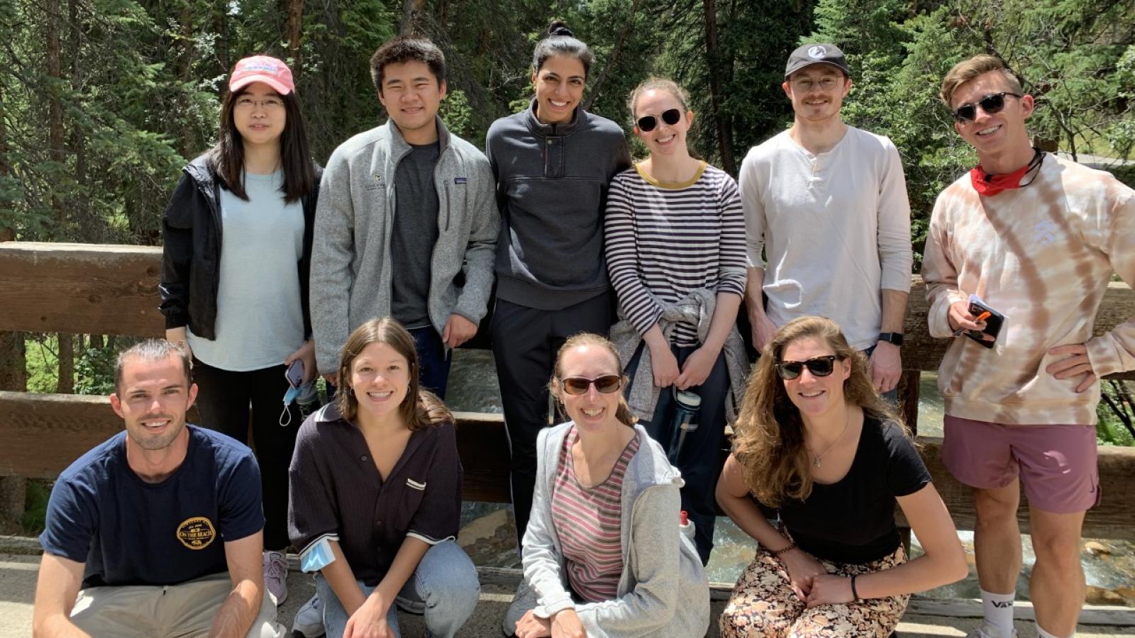 Spencer Lab Retreat August 2022. Left to right: (Top) Yao Rong, Scott Lin, Varuna Nangia, Claire Armstrong, Victor Passanisi, Tim Hoffman; (Bottom) Riley Ill, Bri Fernandez, Sabrina Spencer, Lotte Watts