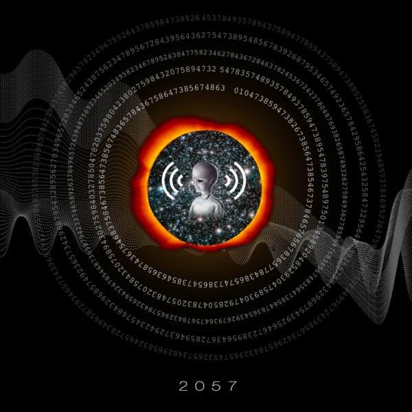 album cover with a circle of binary code circling and alien profile with a space background.