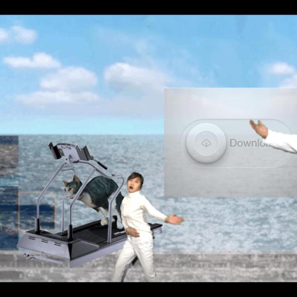 2 people on a glitched beach, a cat on a treadmill, skeleton and rose imposed on image.