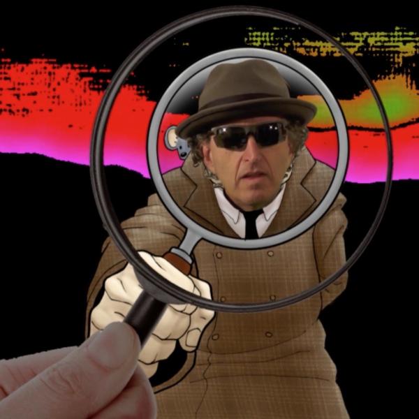 Professor Mark Amerika in a cartoon trench coat looking through a magnifying glass.