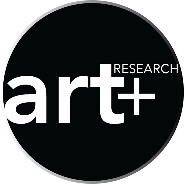 logo of a black circle on white background with the text "art + research"