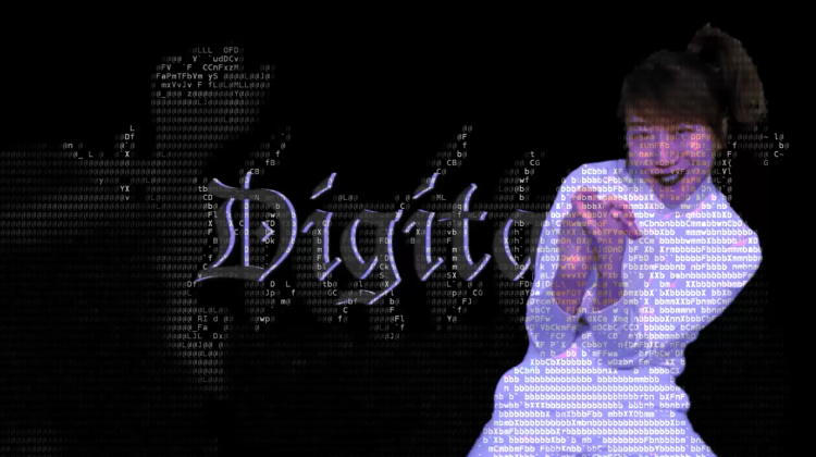 Girl on black background with random text and the word "Digital"