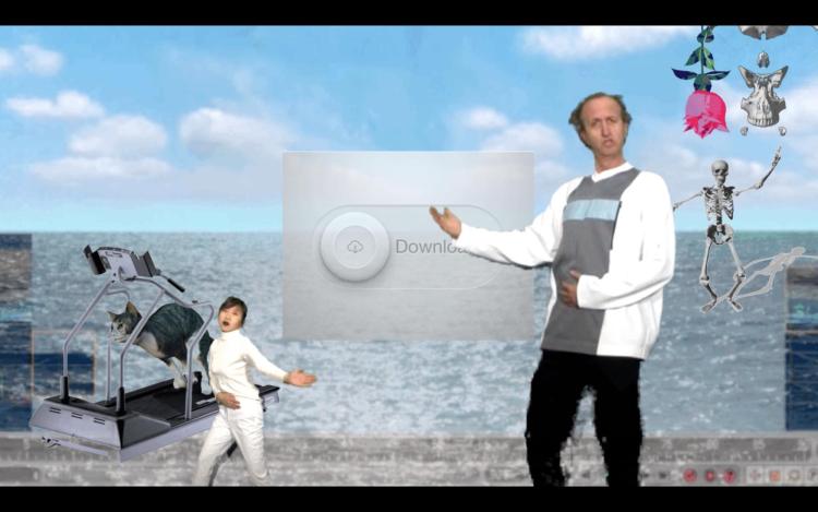 2 people on a glitched beach, a cat on a treadmill, skeleton and rose imposed on image.