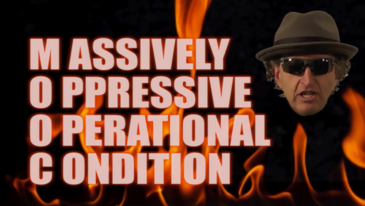 MOOC Massively Oppressive Operational Condition on a black background, surrounded by flames and Professor Mark Amerika's face.