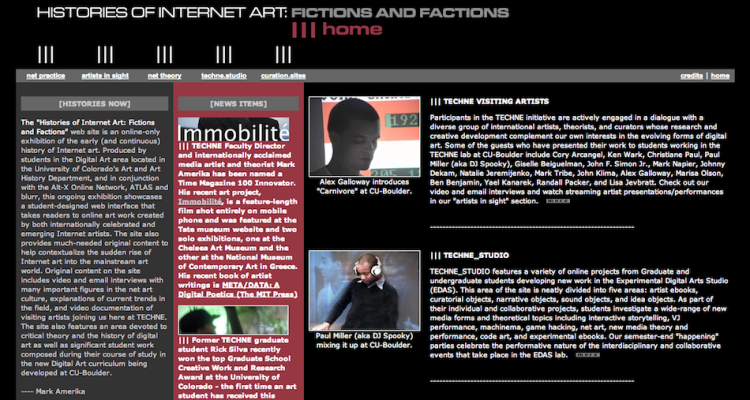 This is an image of the original vintage webpage. The page is an individual work of art and has been archived in this image. There is text but it's unimportant, the page is black with white text, images of the artists and roman numerals.
