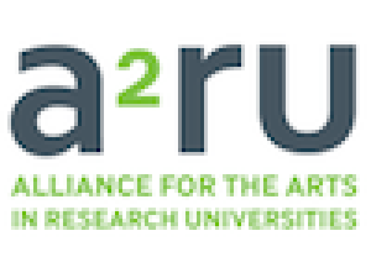 A white logo with blue and green text that says A2RU alliance for the arts in research universities